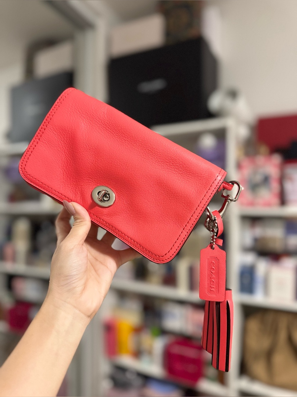 Coach Coral-Red Leather Crossbody with Tassel Charm